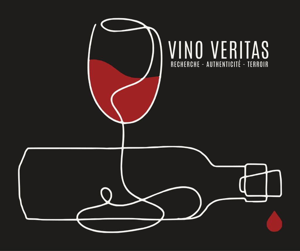 Vino Veritas : un verre de vin et une bouteille couchée, dessinés d’un seul trait