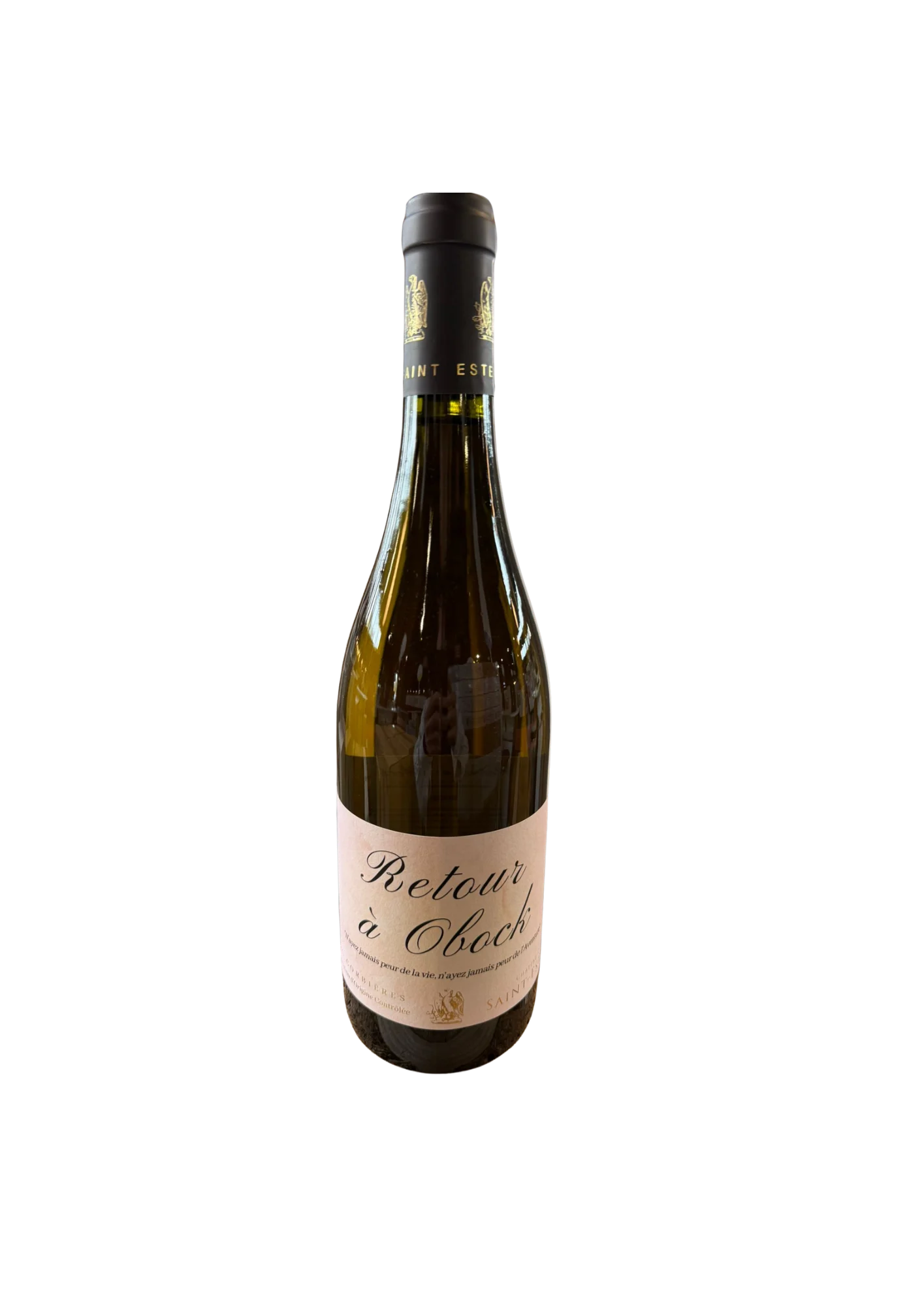 Botella de Corbières, Château Saint-Estève, Retour à Obock, vino rosado