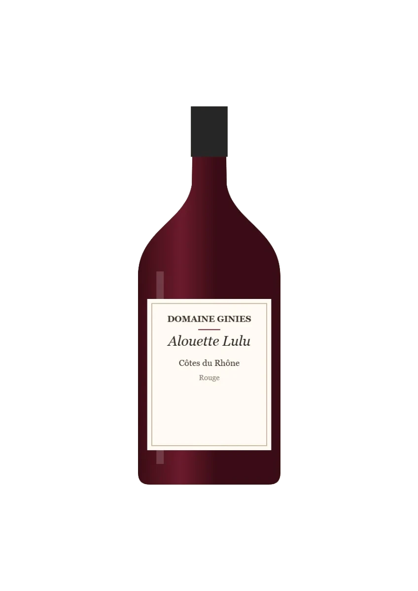 Bottle of Côtes du Rhône, Domaine Ginies, Alouette Lulu, red wine