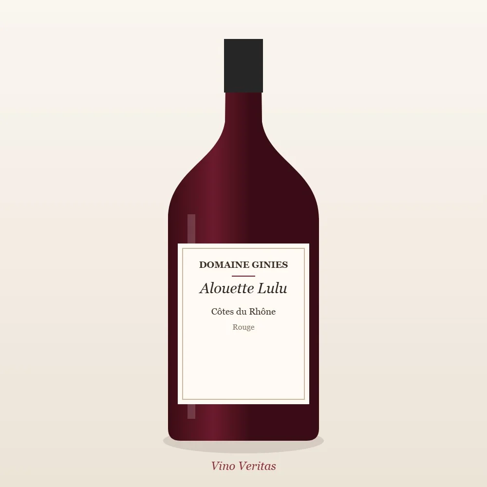 Bouteille de Côtes du Rhône, Domaine Ginies, Alouette Lulu, vin rouge